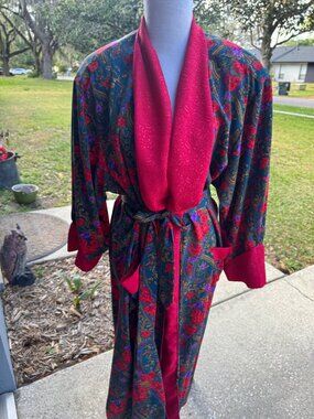 Victoria Secret Robe Women L Paisley Kimono Red Gold Label Belt Vintage